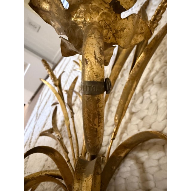 Brass Vintage Italian Wheat Sheaf Wall Sconces – Pair of Gilt Tole Metal Hollywood Regency Sconces - a Pair For Sale - Image 8 of 9
