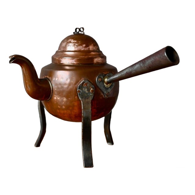 Antique 18th Century Hammered Copper Teapot on Wrought Iron Tripod For Sale