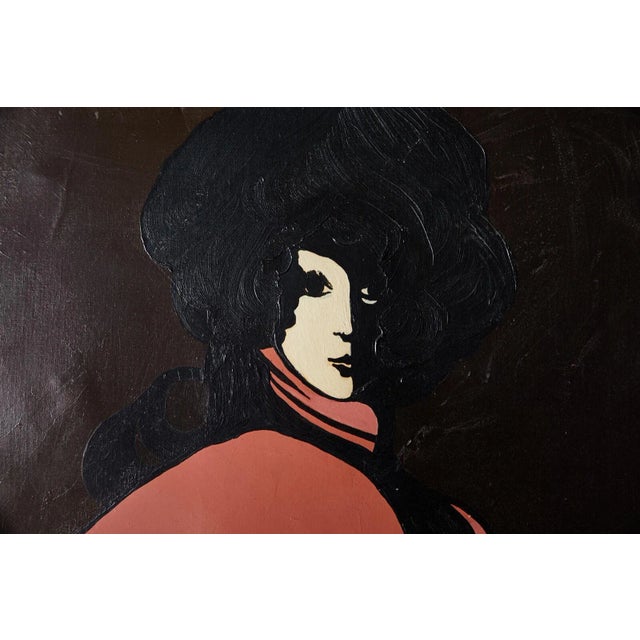 Mid 20th Century Twiggy-inspired 60s mod stylized portrait of a woman. The harlequinesque black and white figure is...