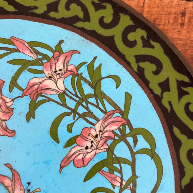 Asian Antique Cloisonné With Striking Color and Lily Design For Sale - Image 3 of 5