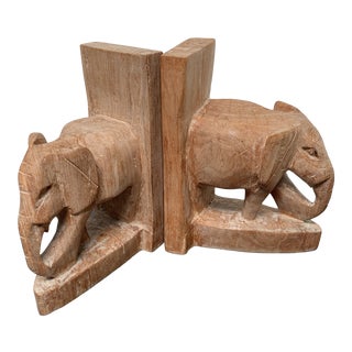 Hand Carved African Elephant Bookends - a Pair For Sale