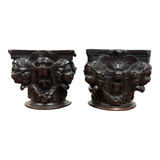 18th Century Antique Carved Dark Wood Capitals, Pair For Sale