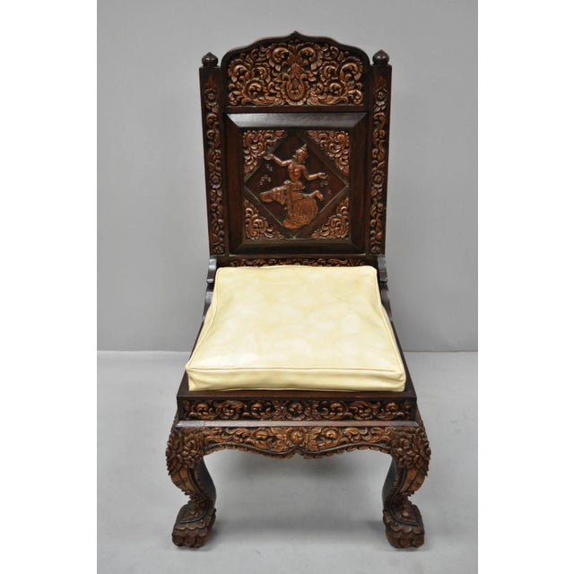 Wood Vintage Chinoiserie Thai Oriental Carved Teak Wood Dining Side Chairs - A Pair For Sale - Image 7 of 12