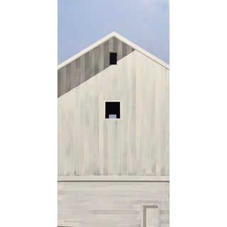 Lovely Day by Justin Wheatley | Acrylic on Panel White barn with windows under a blue sky For Sale