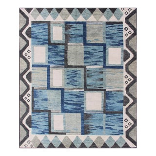 Scandinavian Piled Rug by Keivan Woven Arts, 8x10 Geometric Design Blue For Sale