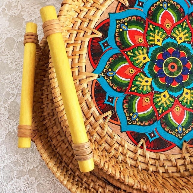 Arts & Crafts Set of Three Hand Painted Mandala Flower Pattern Rattan Round Trays With Handles For Sale - Image 3 of 8
