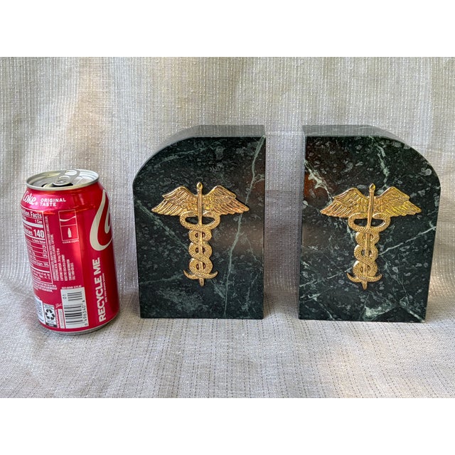 Vintage Medical Caduceus Green Italian Marble Heavy Bookends a Pair For Sale - Image 14 of 16
