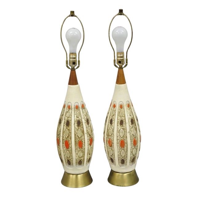 Vintage Mid Century Modern Ceramic Pottery Sculpted Teak Wood Table Lamps - Pair For Sale