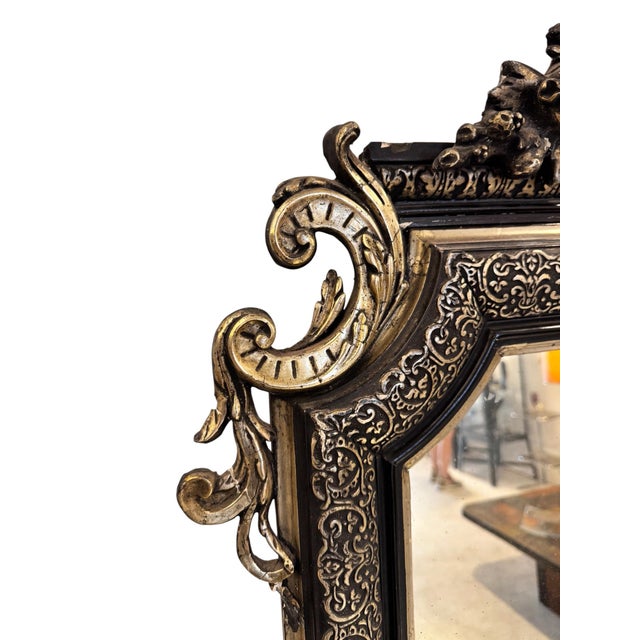 Mid 19th Century Antique Victorian Gothic Mirror with Silver Leaf Inlay over Black Gesso Frame, 1850 For Sale - Image 5 of 12
