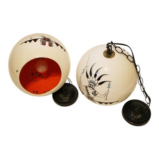 Pair of Vintage Handpainted Pierced Ceramic Southwestern / Pueblo Style Pendant Globe Lights For Sale