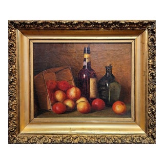 Leon A. Makielski -Still Life With Red Apples & Liquor -1930s Oil Painting For Sale