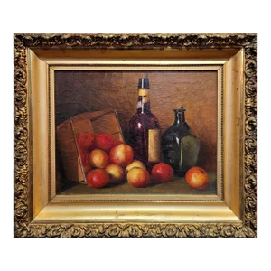 Leon A. Makielski -Still Life With Red Apples & Liquor -1930s Oil Painting