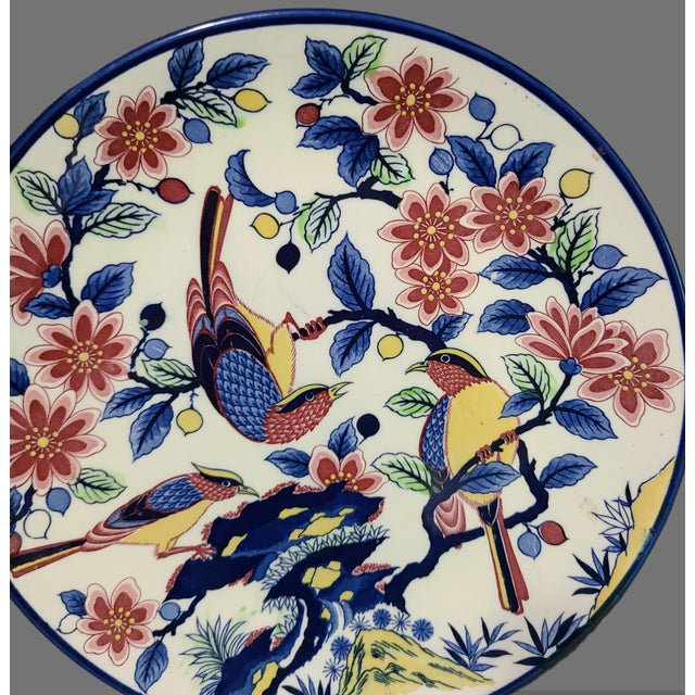 Mid 20th Century Vintage Hand Painted Colorful Floral Birds Asian Platter, Japan For Sale - Image 5 of 9