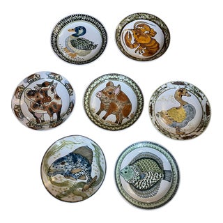 1970s Signed Janet Rothwoman Handmade & Hand Painted Animal Pottery Bowls - Set of 7 For Sale