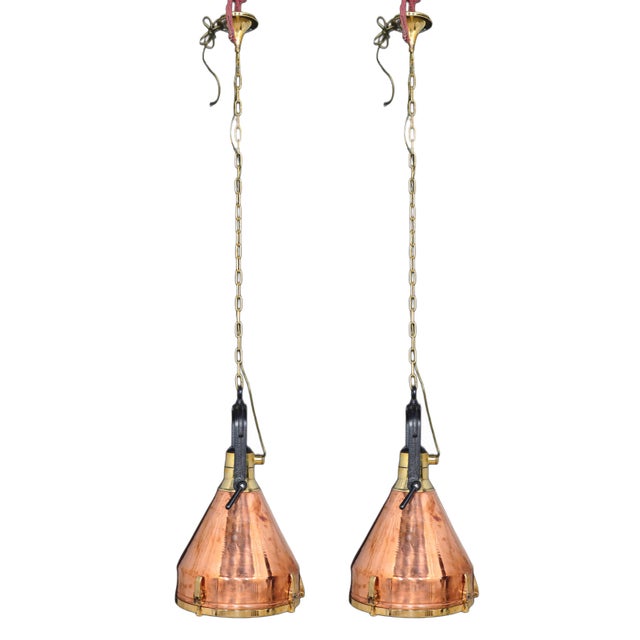 Large, magnificent and outstanding copper and brass ship's deck lights converted to pendant lights. Iron U-bracket....
