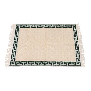 Vintage Handmade Cream and Green Greek Key Border Wool Rug For Sale