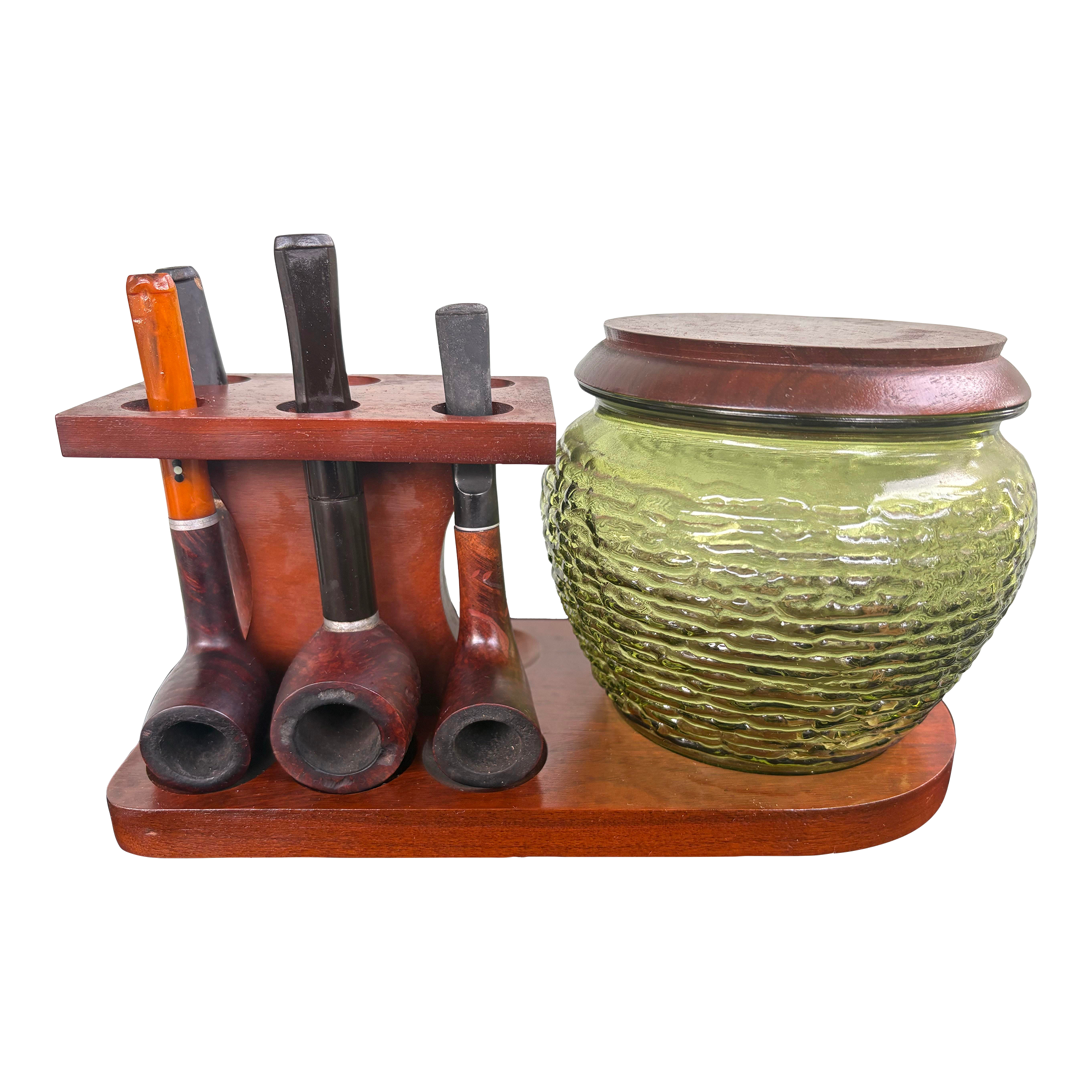 Vintage Fairfax Smoking Set With Green Textured Glass Tobacco Jar and  Wooden Pipe Rack, Mid-Century Modern