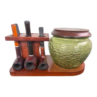 Vintage Fairfax Smoking Set With Green Textured Glass Tobacco Jar and Wooden Pipe Rack, Mid-Century Modern For Sale