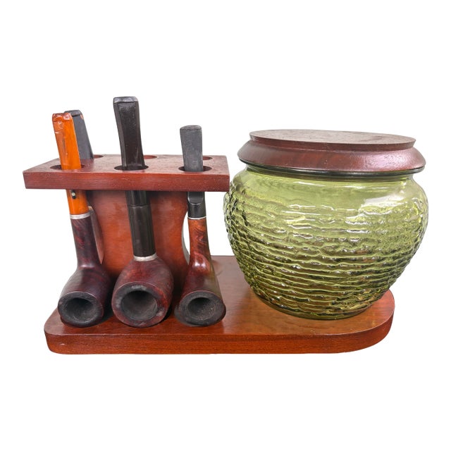 Vintage Fairfax Smoking Set With Green Textured Glass Tobacco Jar and Wooden Pipe Rack, Mid-Century Modern For Sale