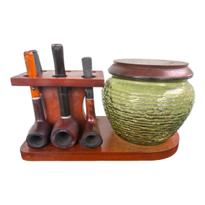 Vintage Fairfax Smoking Set With Green Textured Glass Tobacco Jar and Wooden Pipe Rack, Mid-Century Modern