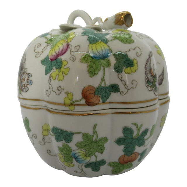 Vintage Chinoiserie Porcelain Pumpkin Shaped Lidded Jar Hand Decorated For Sale