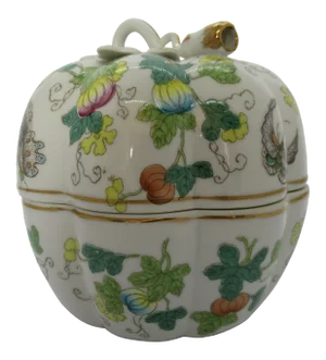 Vintage Chinoiserie Porcelain Pumpkin Shaped Lidded Jar Hand Decorated
