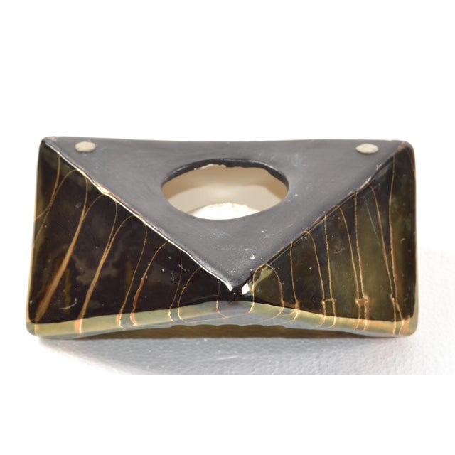 1970s Raymor Style Vintage Bronze Black Gold Glazed Ceramic Asymmetric Ashtray Italy For Sale - Image 11 of 12