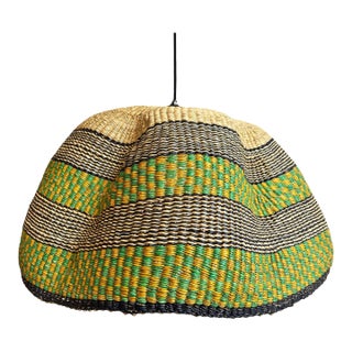 Yellow Green & Navy Bolga Wave Basket Pendant Light For Sale
