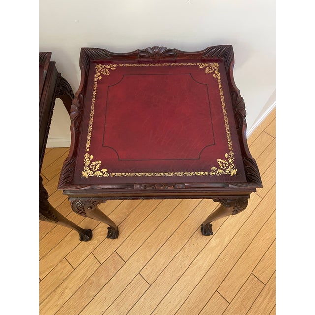 Pair of Antique Solid Mahogany Regency Leather Top End Tables 1940’s For Sale - Image 4 of 12