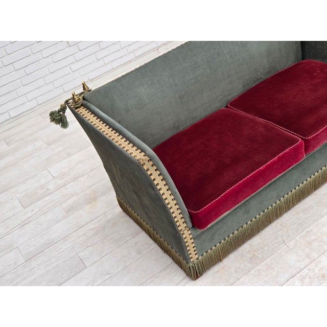 Danish 2-Seater Drop Arm Spanish Sofa in Green and Red Velour, 1970s For Sale - Image 6 of 18