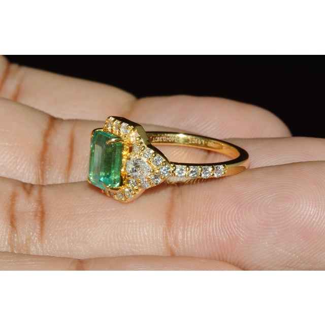 Green Late 20th Century Certified Natural 2.82cts Emerald Diamond Solid 18k Yellow Gold Halo Ring, Size 6.5 For Sale - Image 8 of 13