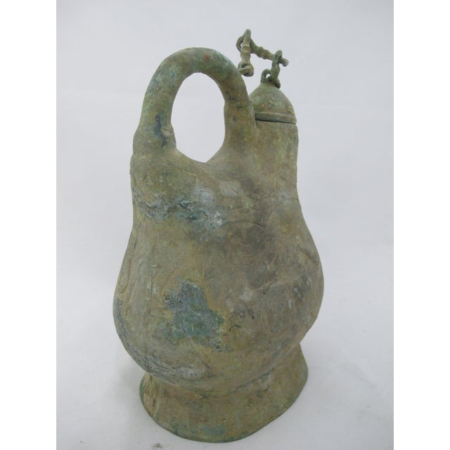 Chinese Bronze Ware Dynasty Kettle Cockscomb Flask With Archaic Horse Design For Sale - Image 12 of 14