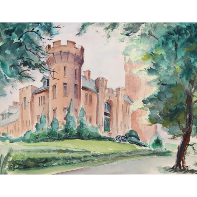 Looking up through several leafy trees, Eve Nethercott's landscape focuses on the picturesque facade of the Flushing...