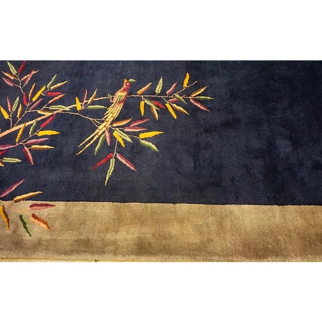 1920s Blue Navy Flowers Birds Antique Chinese Art Deco Carpet 9' X 11'10'' Knotted Wool Rug For Sale - Image 9 of 14