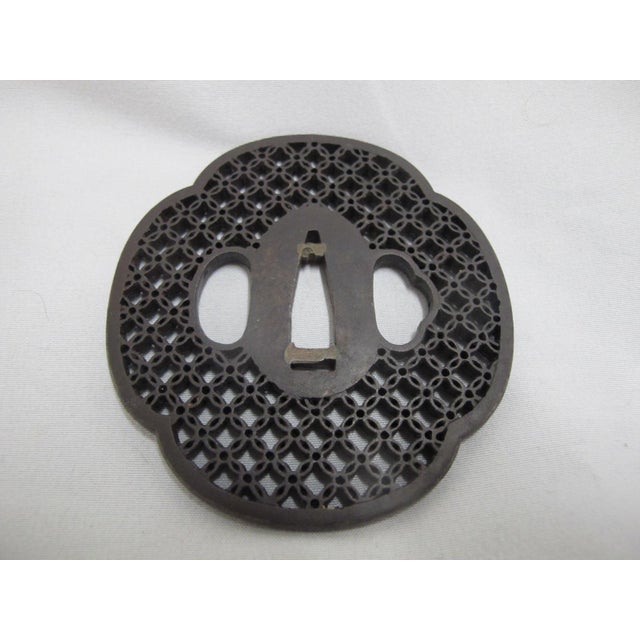 Japanese Iron Tsuba Japanese Edo Era Sword Guard Very Fine Mitsu-Ura Fishnet Design For Sale - Image 3 of 8