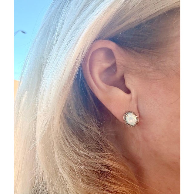 10 Karat Yellow Gold With Oval Opal and Diamond Stud Earrings a Pair For Sale - Image 9 of 9