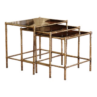 Mid-20th Century Brass & Glass Nesting Tables From Maison Baguès, Set of Three For Sale