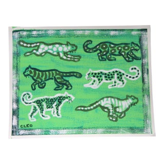 TIgers Leopards Green White Minimalism Expressionism Folk Art Original Painting by Cleo Plowden For Sale