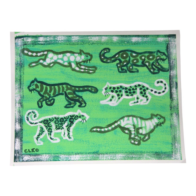 TIgers Leopards Green White Minimalism Expressionism Folk Art Original Painting by Cleo Plowden For Sale