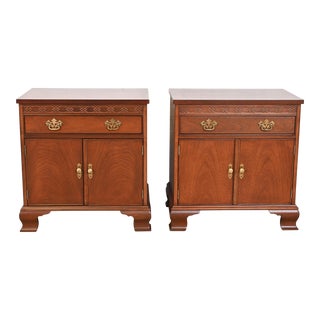 Baker Furniture Georgian Carved Mahogany Nightstands, Newly Refinished For Sale