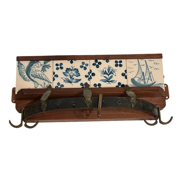 Antique Pot Holder or Coat Rack With 4 Delft Like Blue and White Tiles - Handmade and Mounts on Wall For Sale