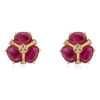 Modern 3 Ct Natural Ruby and Diamond Cluster Stud Earrings in 14k Yellow Gold- A Pair For Sale