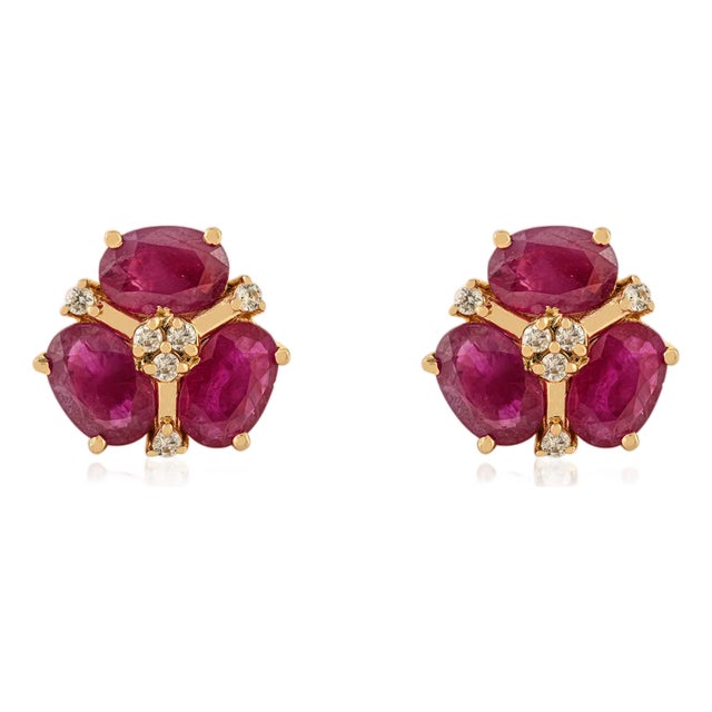 Modern 3 Ct Natural Ruby and Diamond Cluster Stud Earrings in 14k Yellow Gold- A Pair For Sale