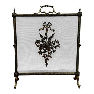 Antique French Art Nouveau Brass Firescreen With Floral & Ribbon Bouquet For Sale
