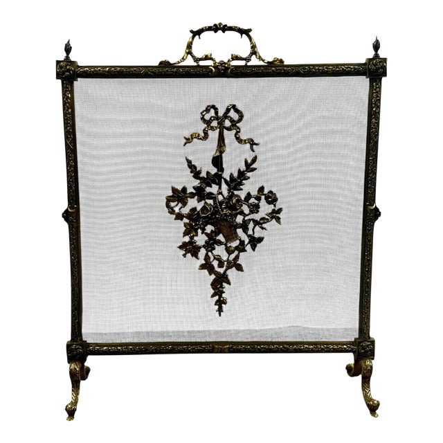 Antique French Art Nouveau Brass Firescreen With Floral & Ribbon Bouquet For Sale