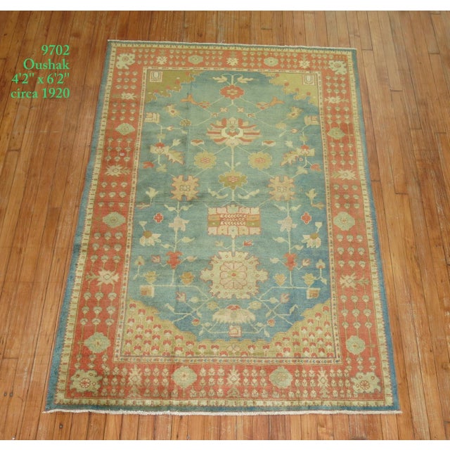 Antique Zabihi Collection Green Orange Oushak Rug - 4'2" x 6'4" For Sale In New York - Image 6 of 6
