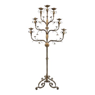 Vintage Florentine Style Gilt Wrought Iron Floor Candelabra For Sale
