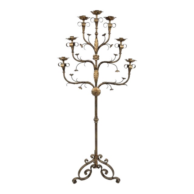 Vintage Florentine Style Gilt Wrought Iron Floor Candelabra For Sale