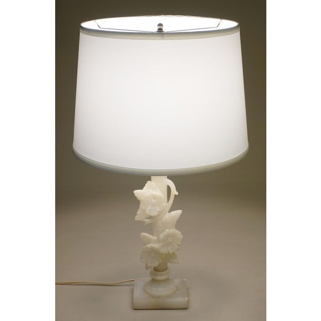 1930s Neoclassical Floral Column Carved Alabaster Marble Brass Table Lamp For Sale - Image 9 of 10