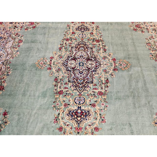 Vintage Oversized Persian Kerman Rug, Hand-Knotted Wool, Floral Pattern, Pale Green & Red, 12x16 For Sale - Image 11 of 15